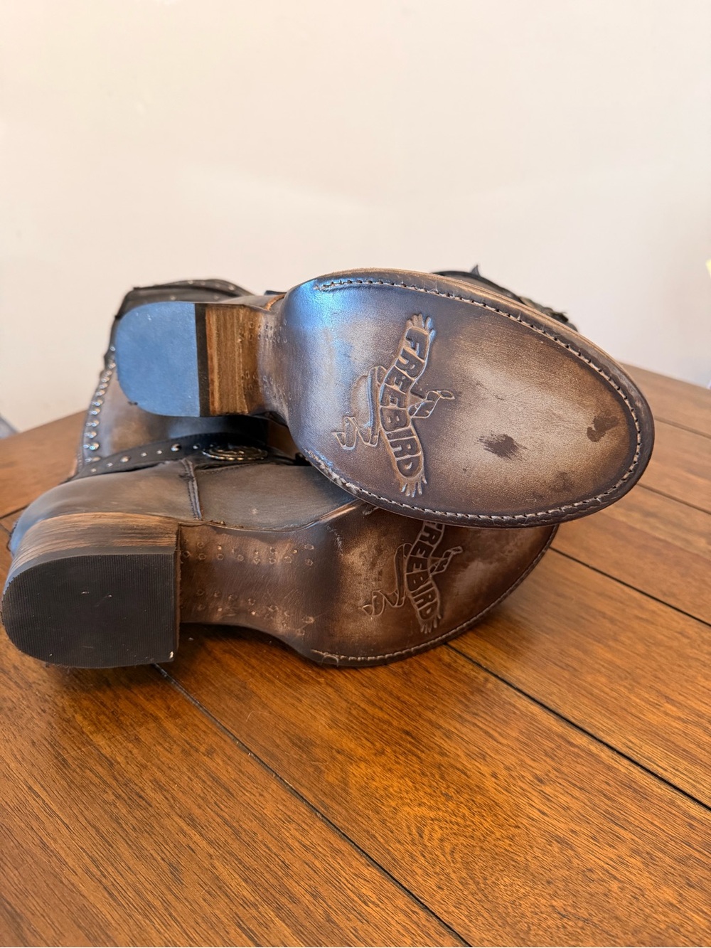 !!NEVER WORN!! freebird Distressed Gray Leather Mid-Calf Buckle Boots - Picture 5 of 5